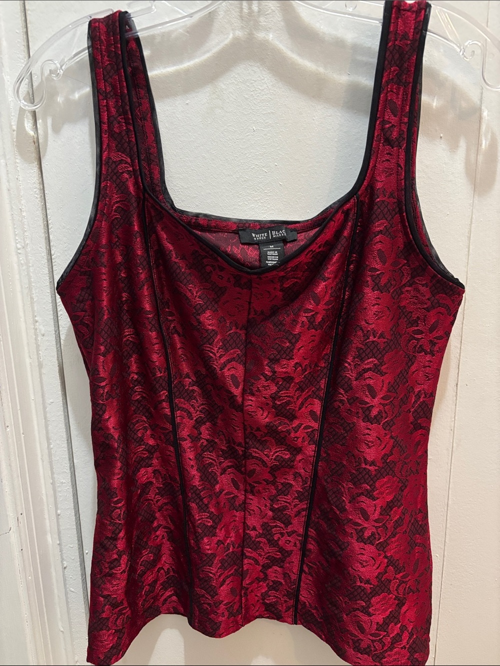 White House Black Market Red and Black Lace-Effect Scoop Neck Tank